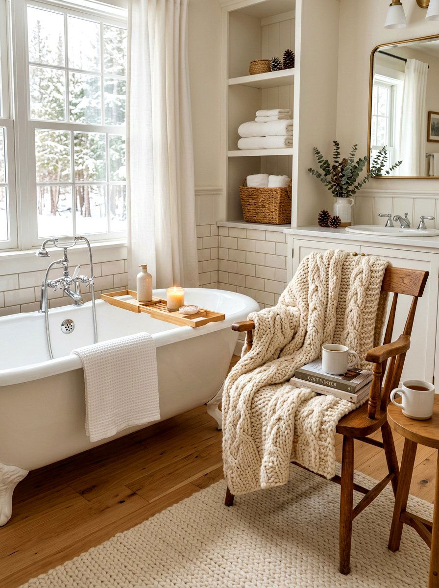 Knit Throw Blanket - 30 winter bathroom styling ideas
