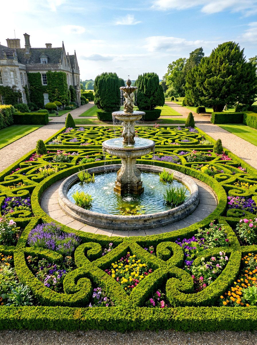 Knot garden centerpiece fountain - 30 knot garden ideas