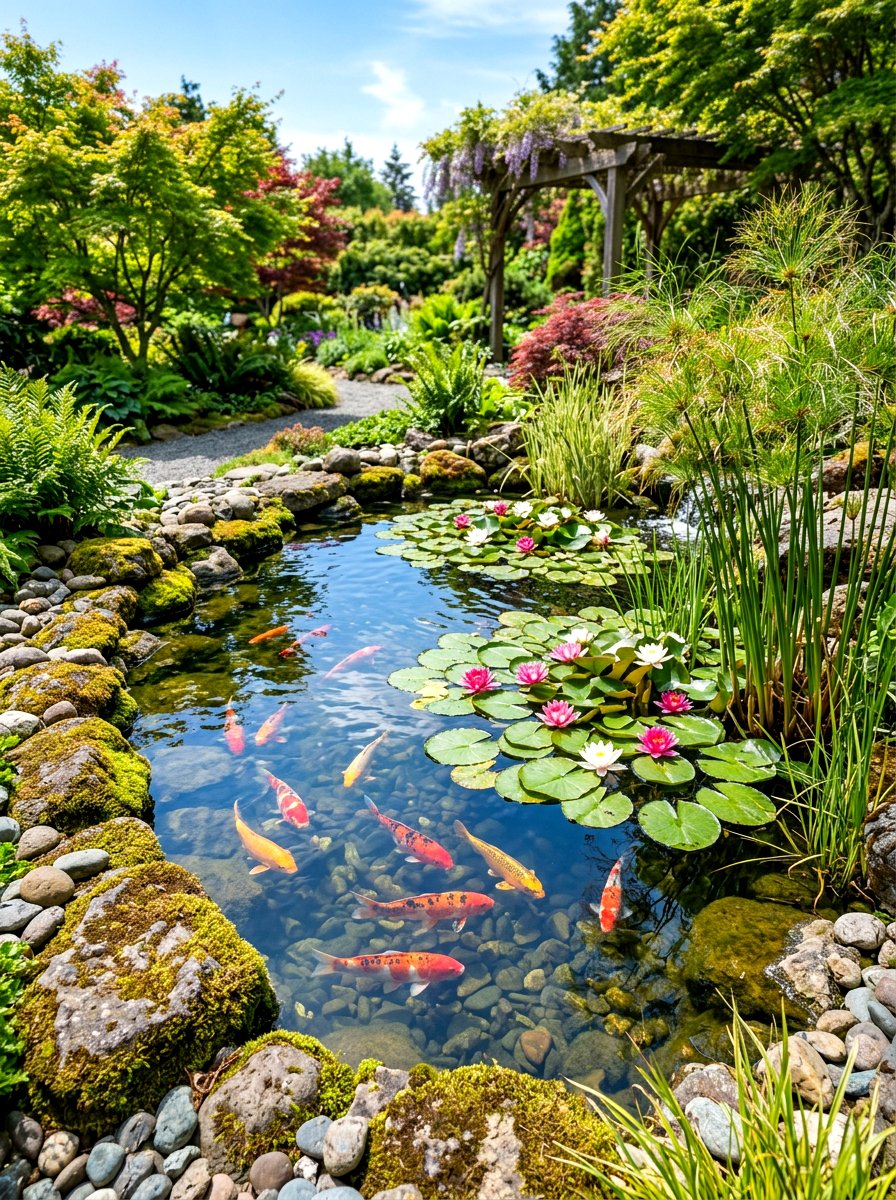 Koi pond water feature - 30 tropical backyard landscaping ideas