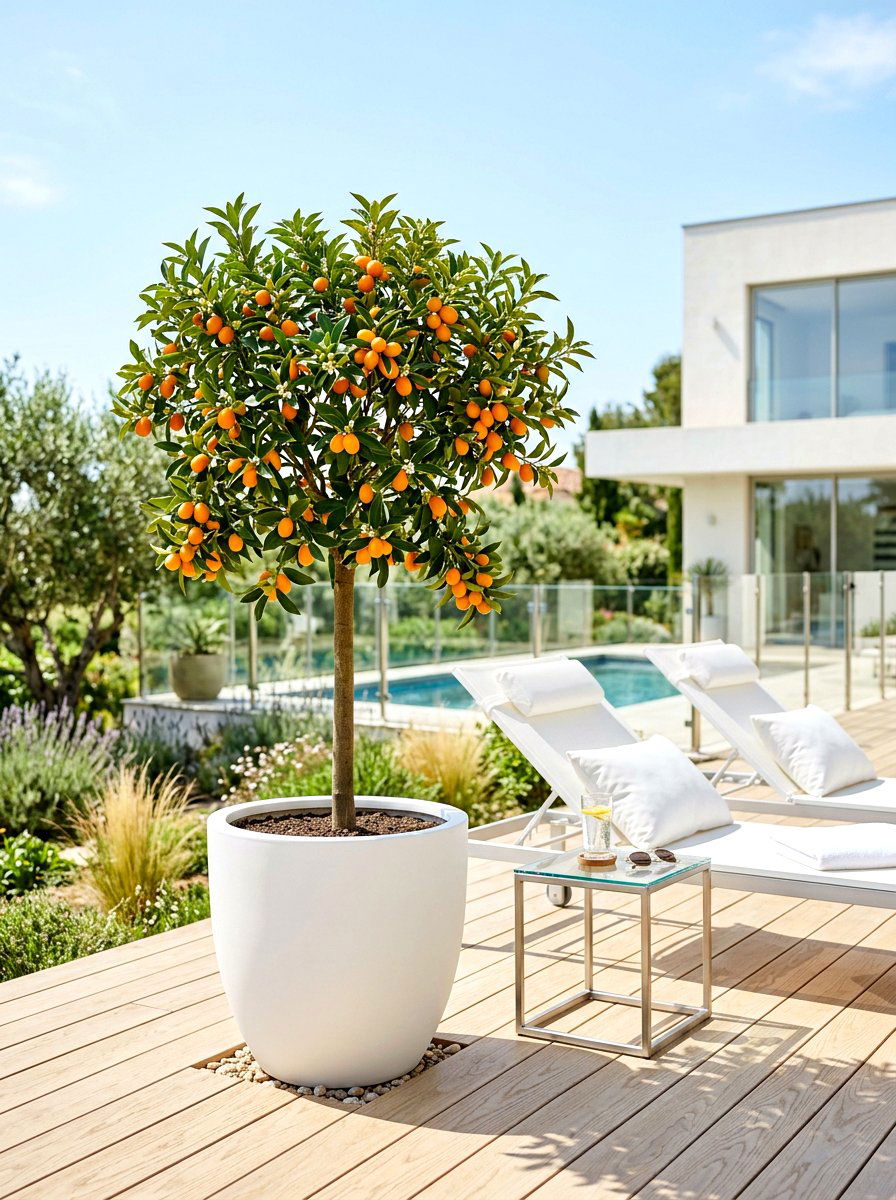 Kumquat Tree In White Minimalist Pot - 30 potted citrus patio ideas