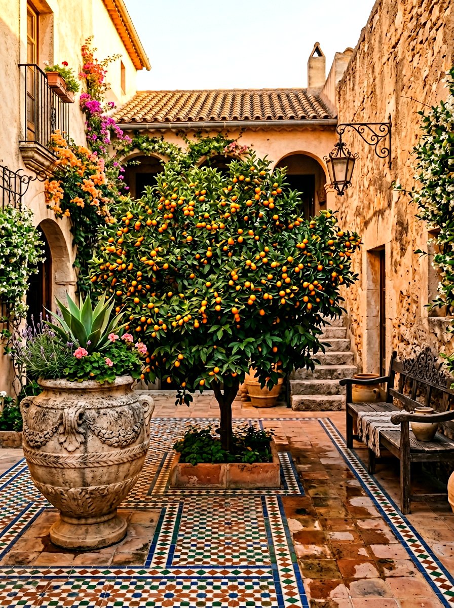 Kumquat Tree Mediterranean Courtyard - 30 citrus patio tree ideas