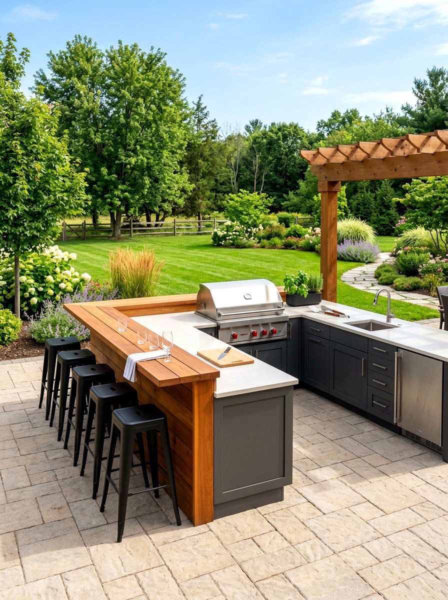 L shaped patio with bar seating - 30 family BBQ patio ideas