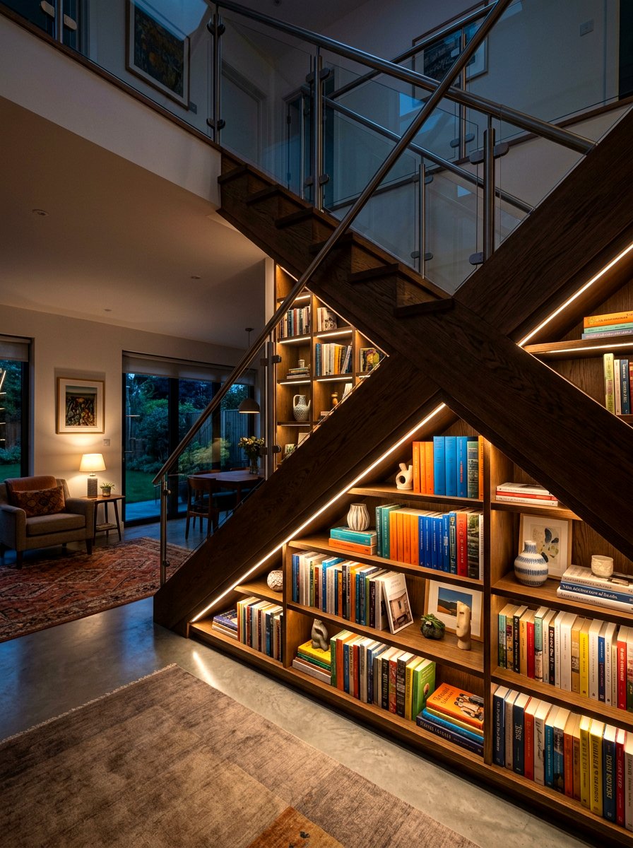 LED Backlit Under Staircase Display Bookshelf - 30 under staircase bookshelf ideas