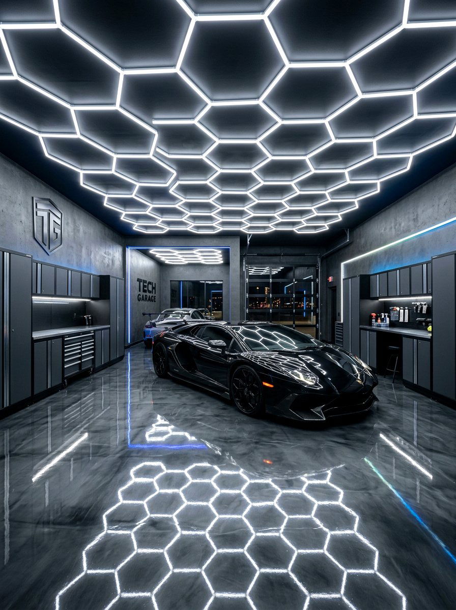 LED Hexagon Lighting - 30 clean garage aesthetic ideas