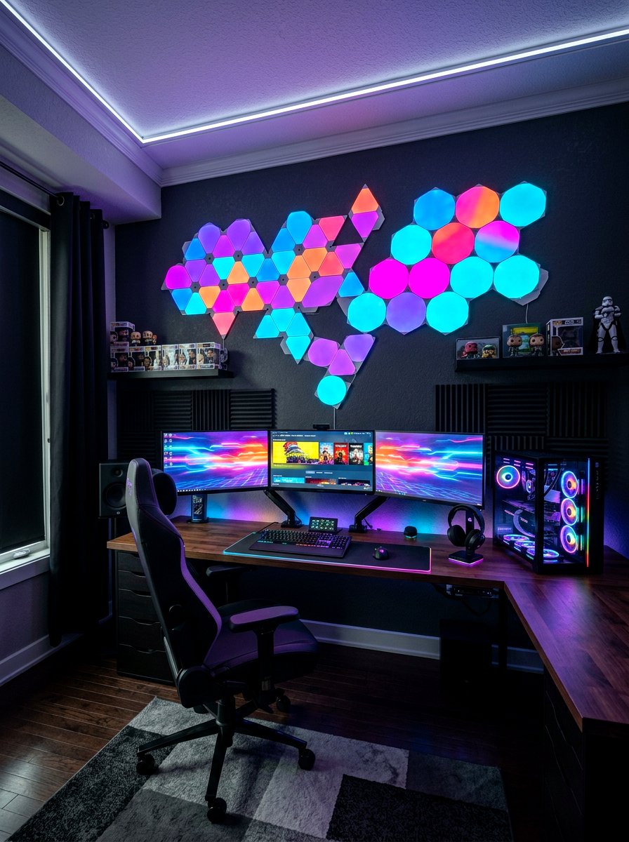 LED Hexagon Wall Light Gaming Room - 30 gaming teen nook ideas
