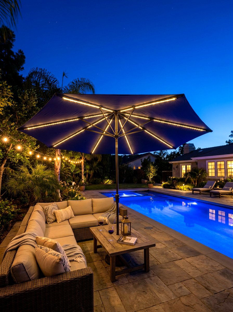 LED Lighted Patio Umbrella - 30 poolside umbrella lounge ideas