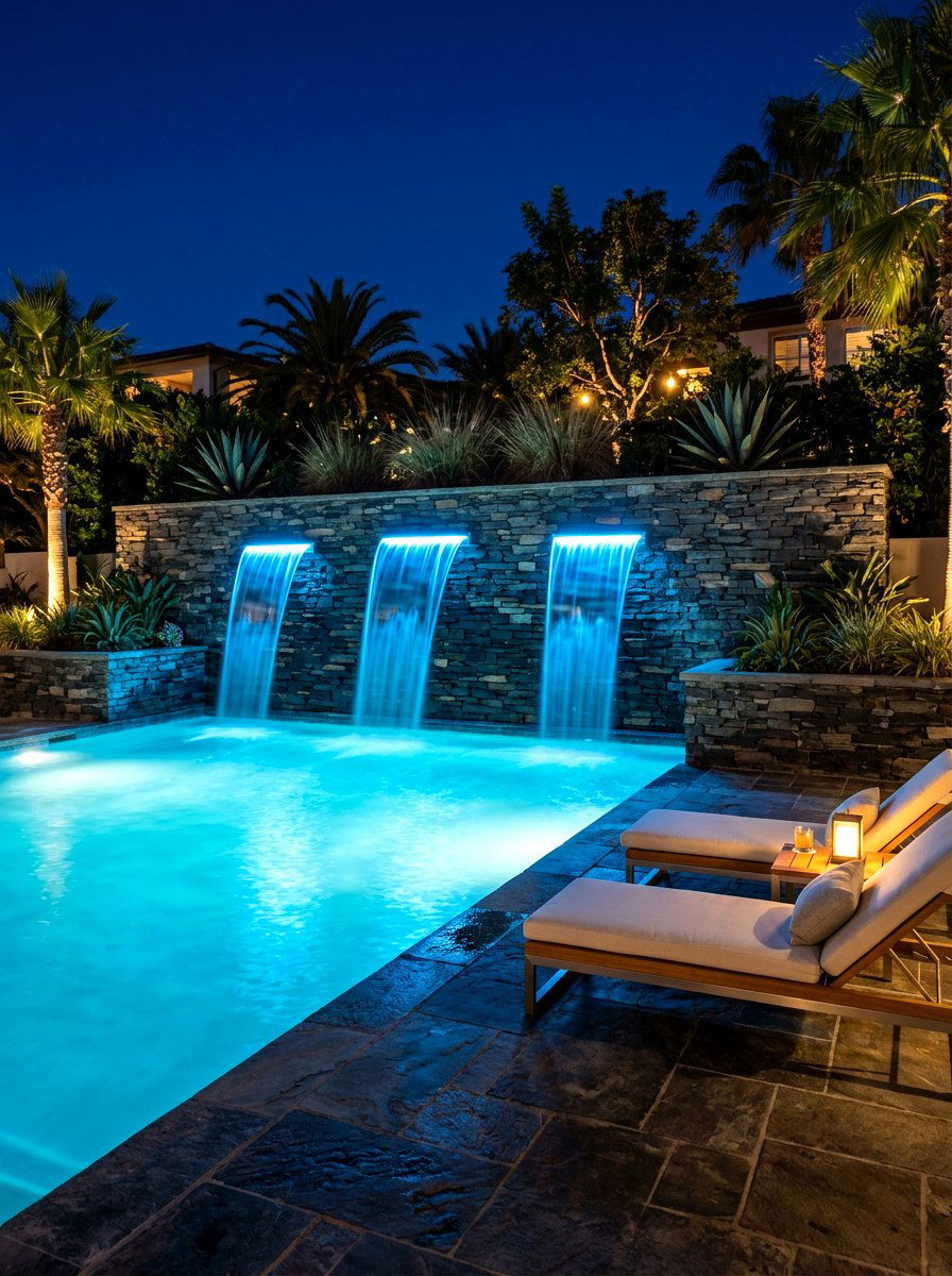 LED Lighted Pool Waterfall - 30 pool waterfall ideas