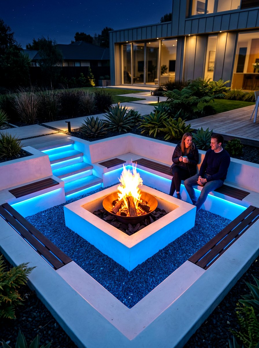 LED Lighted Sunken Fire Pit - 30 sunken fire pit ideas