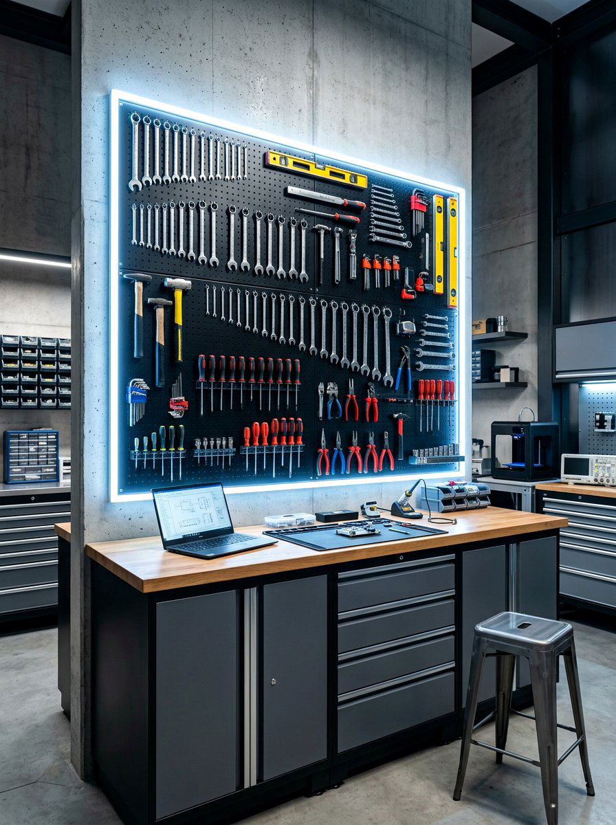 LED Lighted Workshop - 30 garage pegboard ideas