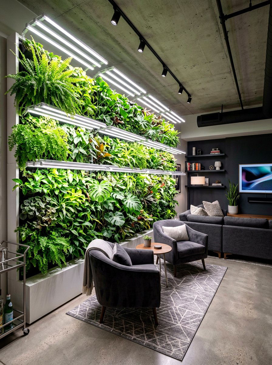 LED grow light plant wall - 30 indoor plant wall ideas