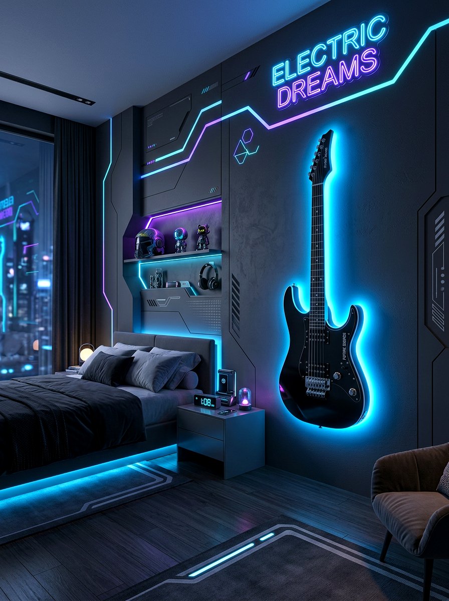 LED guitar wall light - 30 guitar wall display ideas