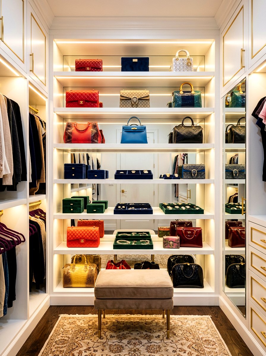 LED lighted closet shelves - 30 purse display closet ideas