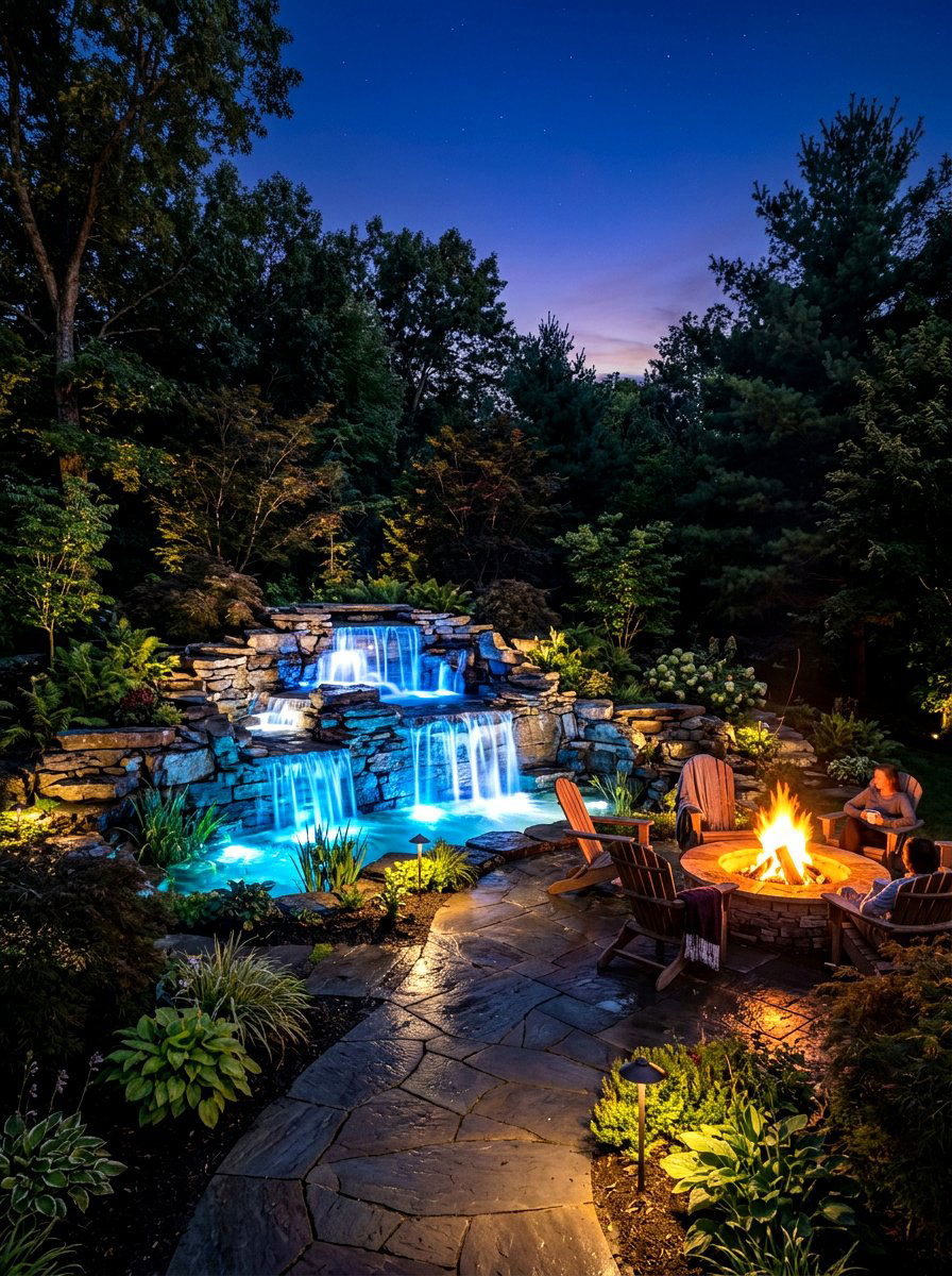 LED lighted waterfall - 30 pondless waterfall ideas