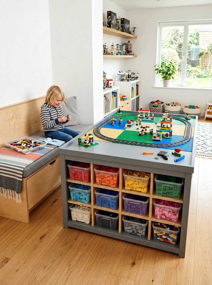 LEGO Storage Table - 30 toy library playroom ideas