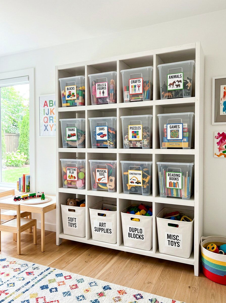 Labeled Bin Zone - 30 toy rotation storage ideas