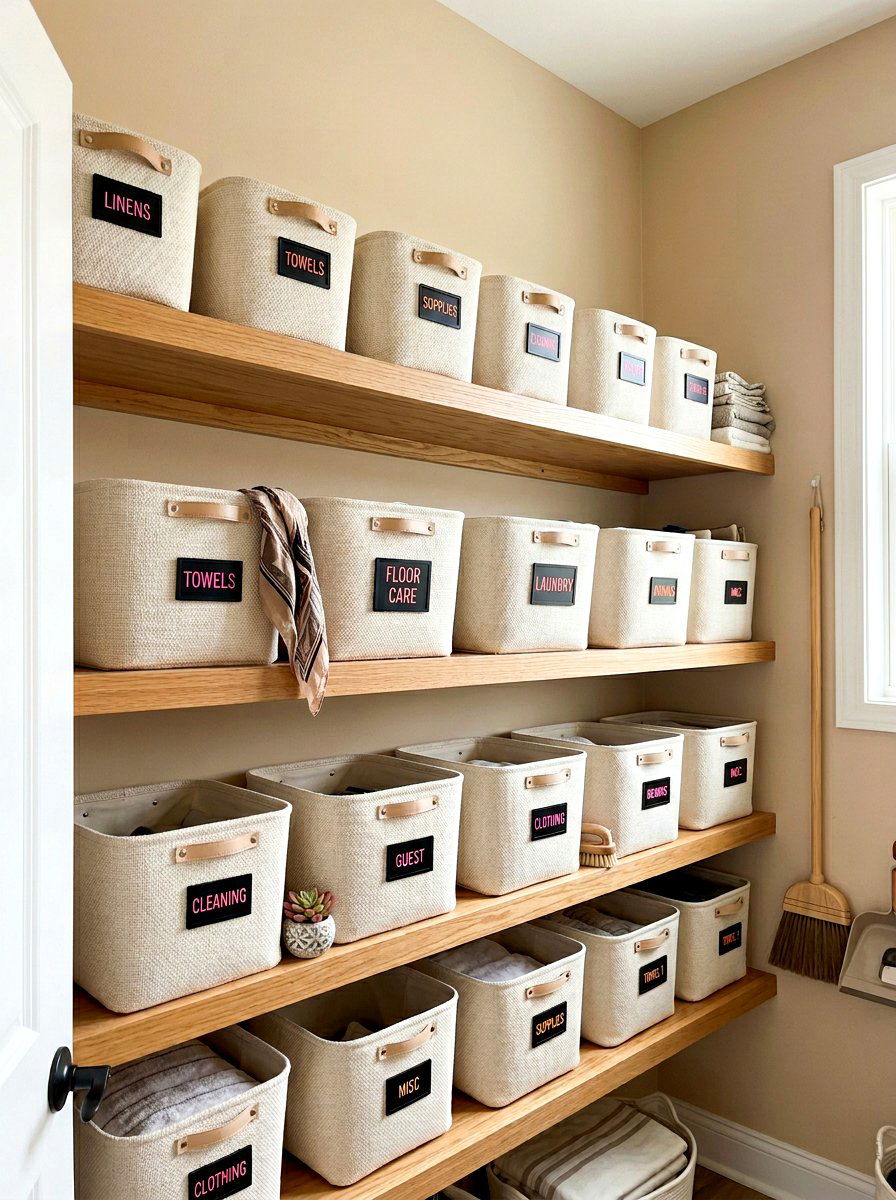 Labeled Fabric Baskets - 30 cleaning closet organization ideas