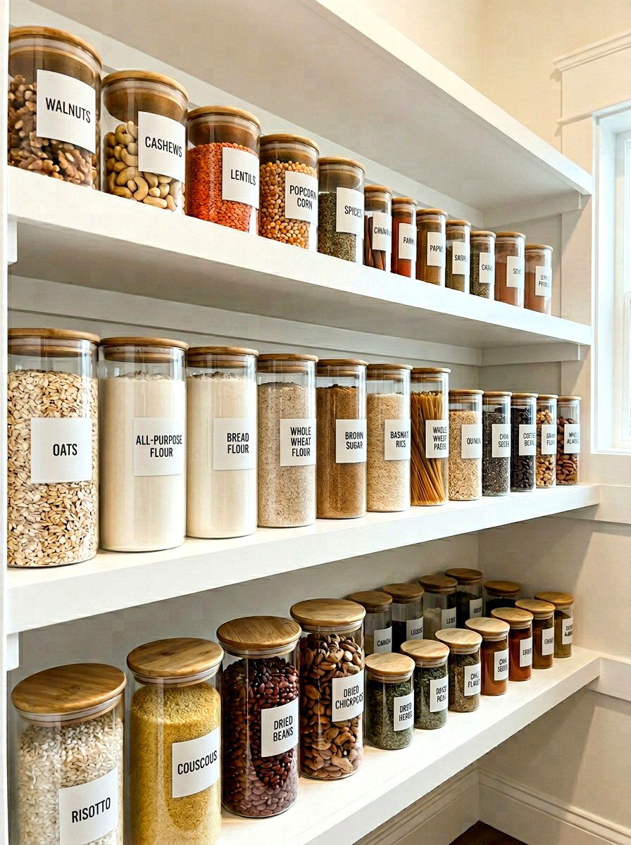 Labeled Glass Pantry Jars - 30 butler pantry storage ideas