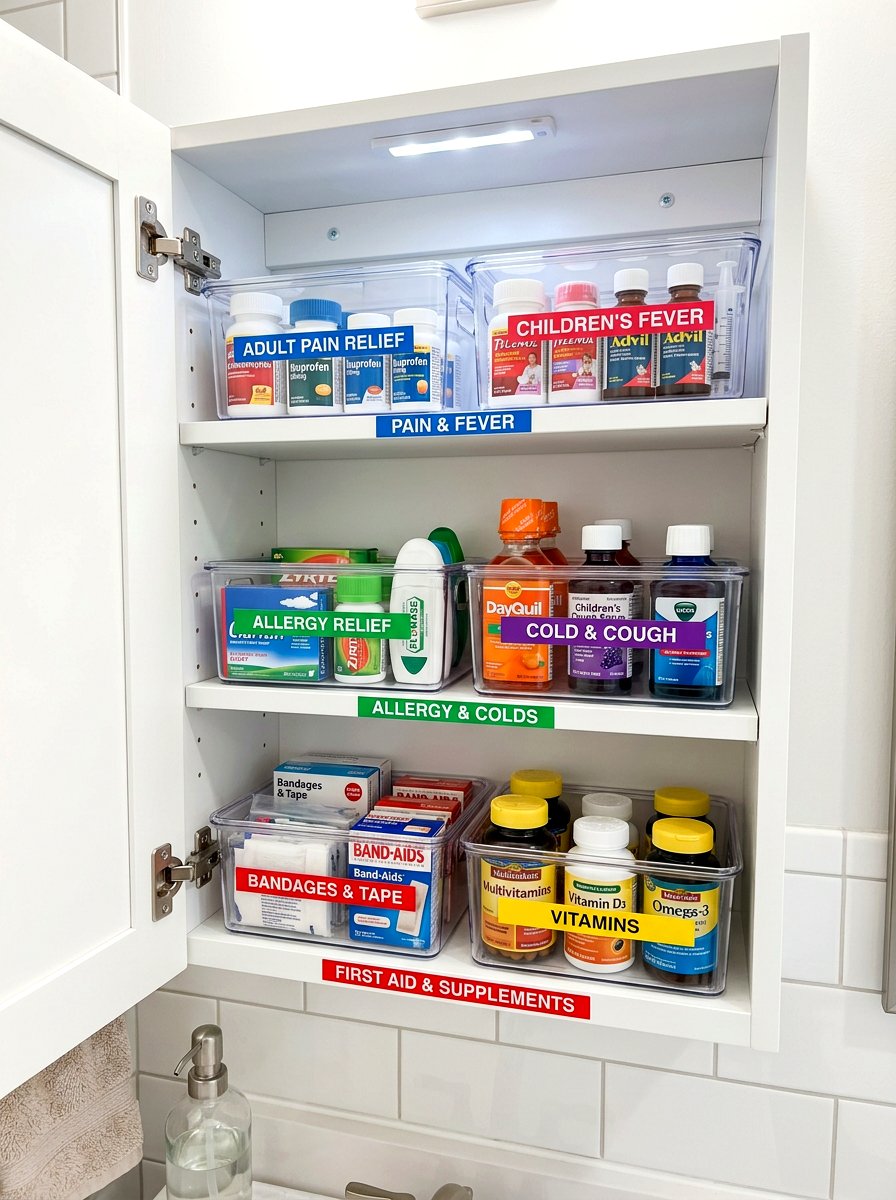 Labeled Medicine Storage Container - 30 medicine cabinet organization ideas