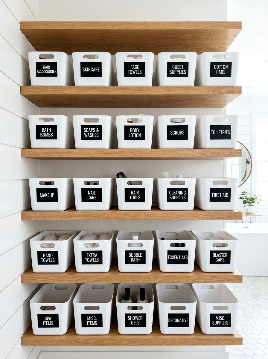 Labeled bathroom storage bins - 30 organizing bathroom cabinets ideas