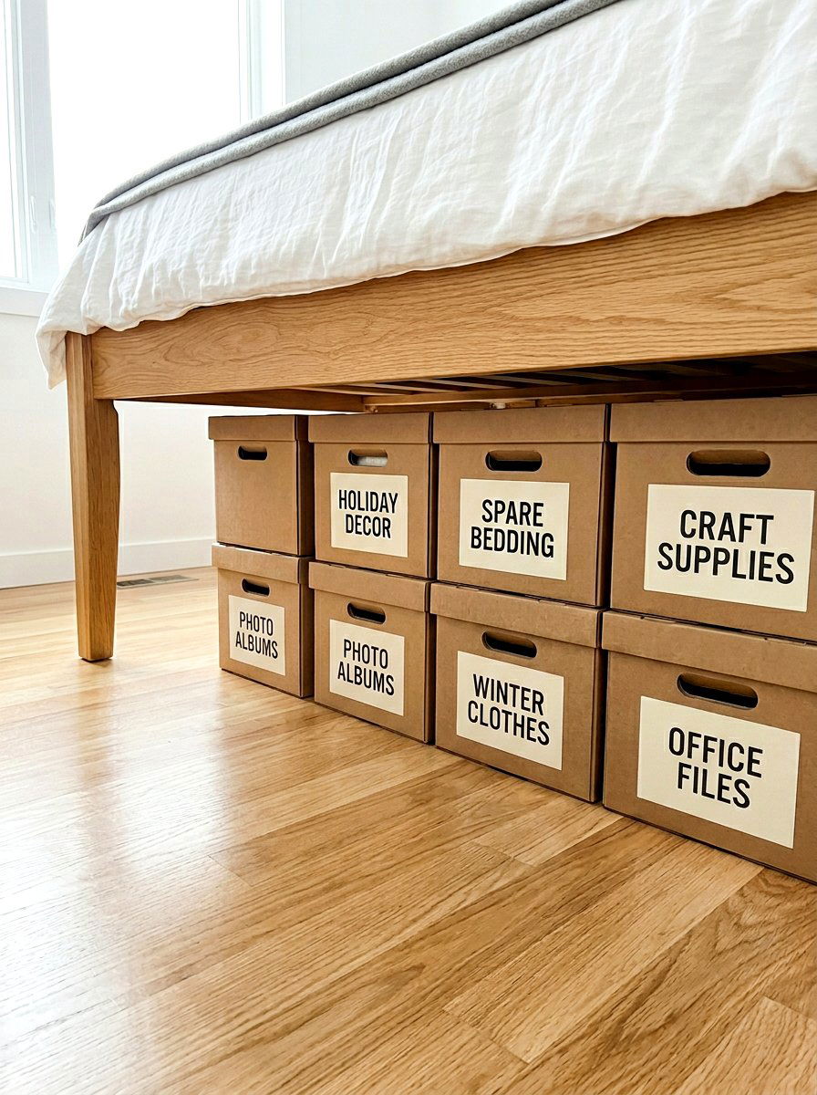 Labeled cardboard storage boxes - 30 under bed storage ideas
