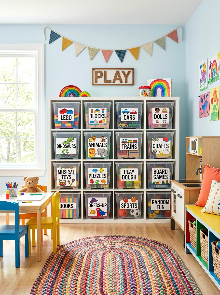 Labeled toy bins - 30 kids closet system ideas