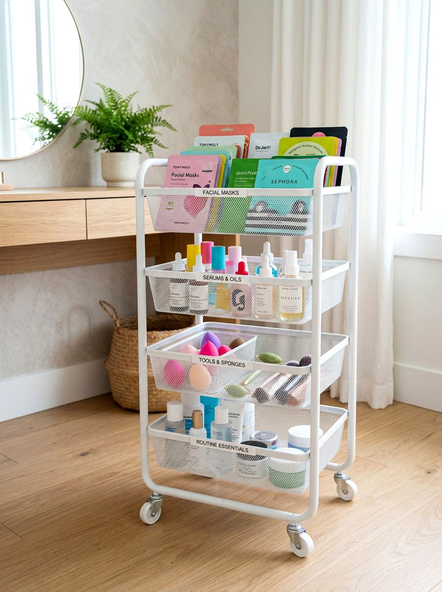 Labelled Mesh Baskets For Sheet Mask Collection - 30 beauty cart organization ideas