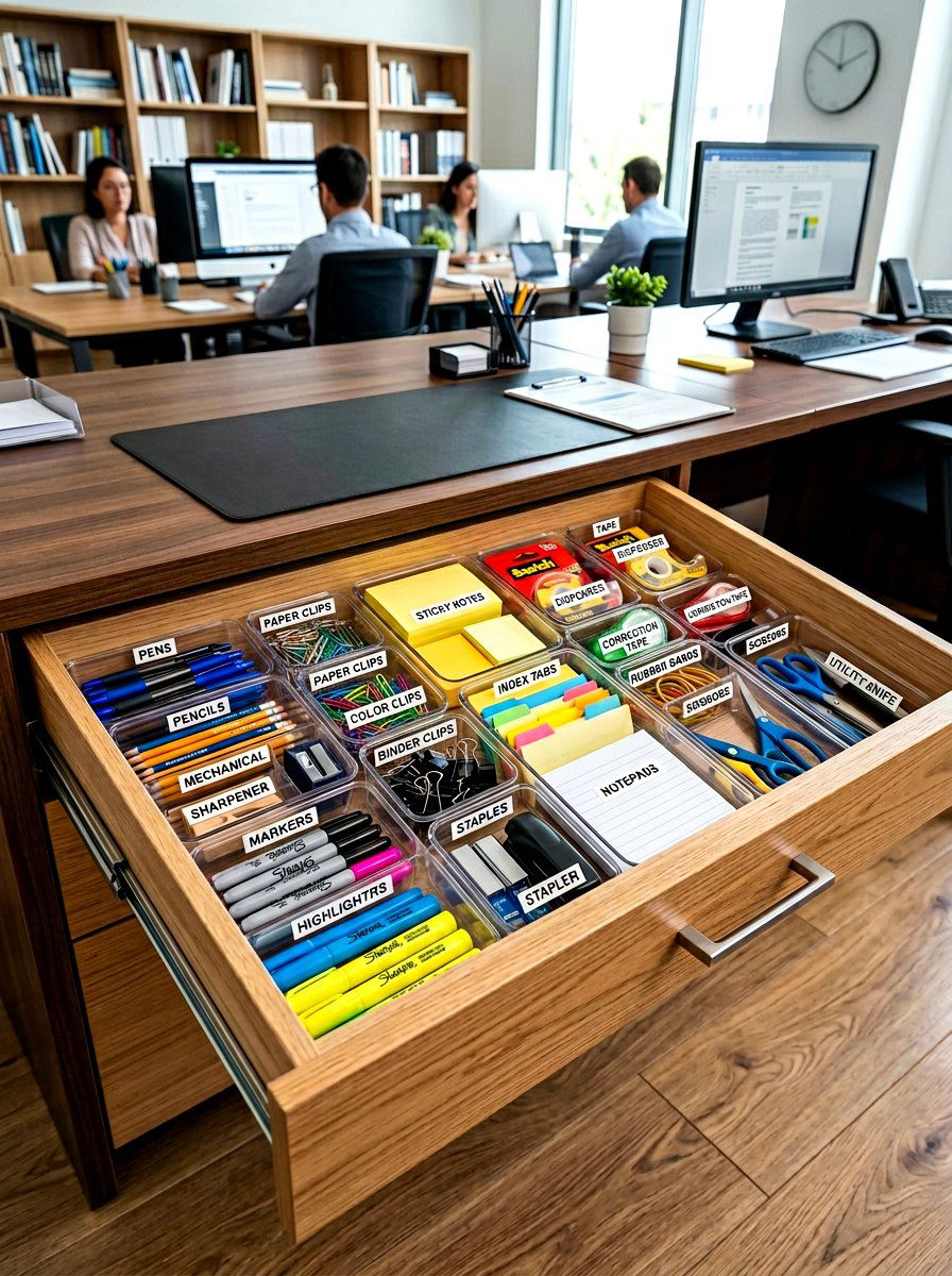 Labelled Office Supply Sections - 30 desk drawer organization ideas