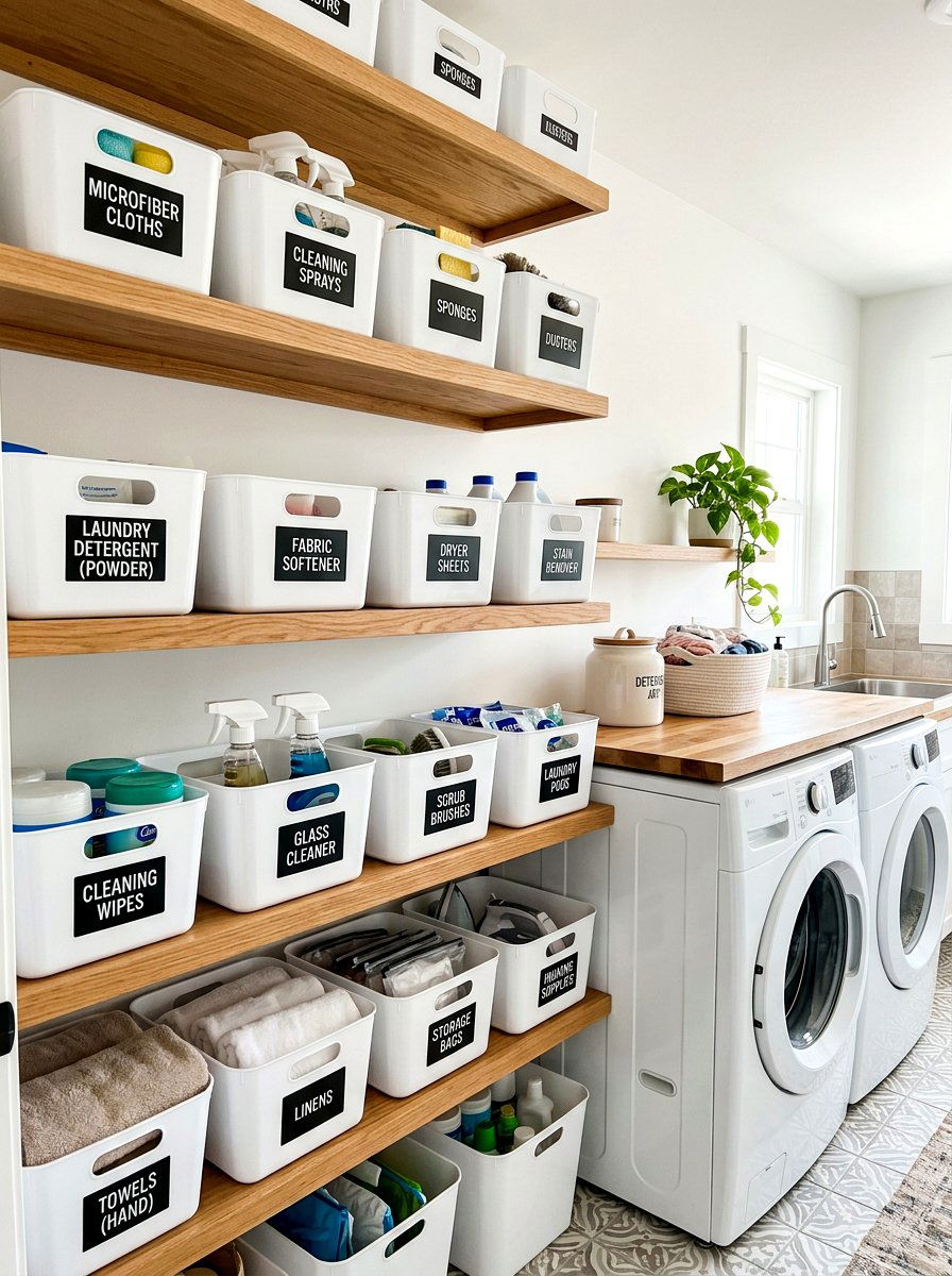 Labelled Plastic Bins - 30 laundry room storage ideas