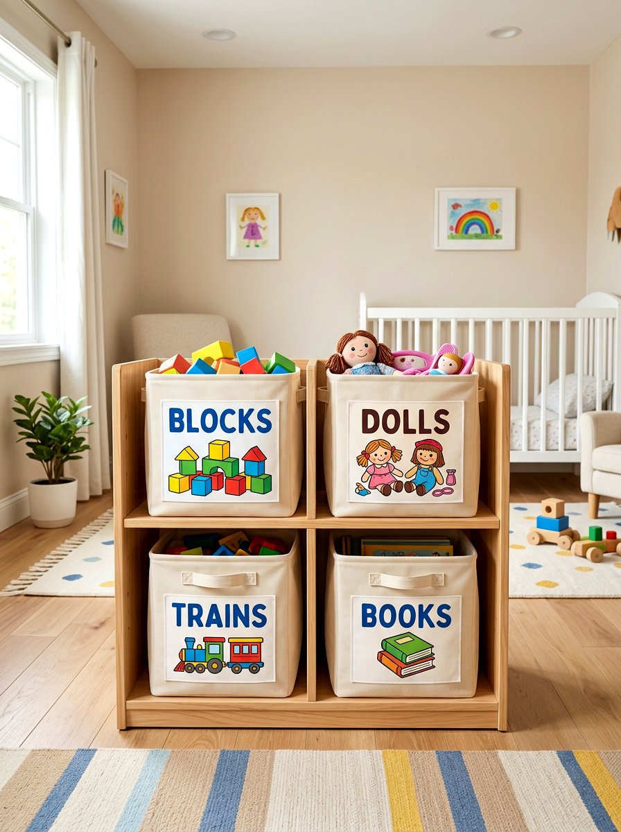 Labelled Toy Totes - 30 toddler bedroom storage ideas