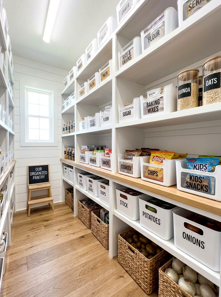 Labelled pantry bin storage - 30 farmhouse pantry shelving ideas