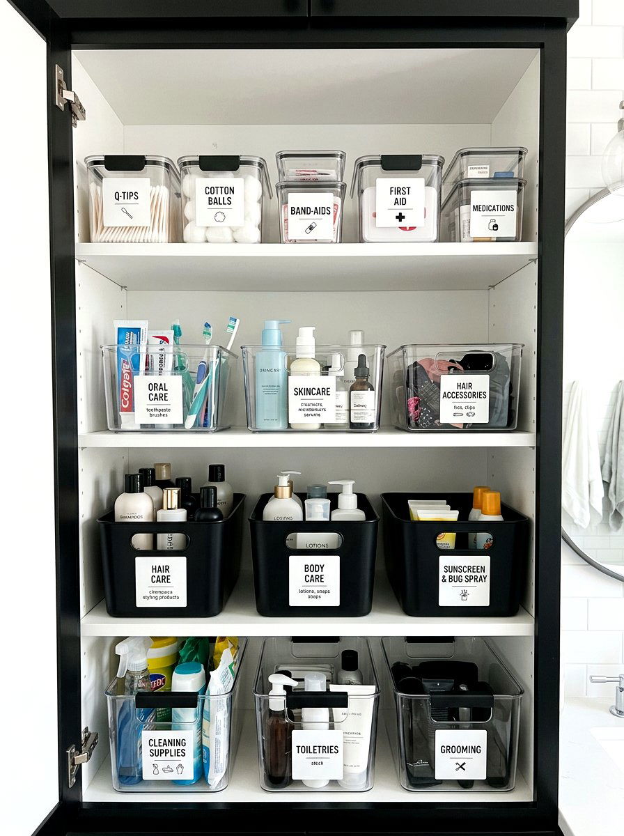 Labelled storage containers - 30 under sink bathroom storage ideas