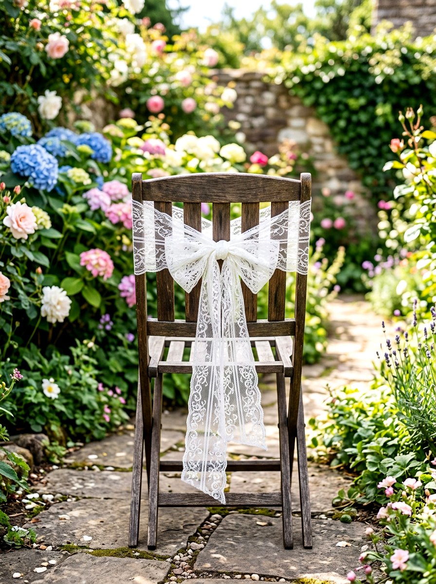 Lace Fabric Chair Sash - 30 backyard wedding decor ideas
