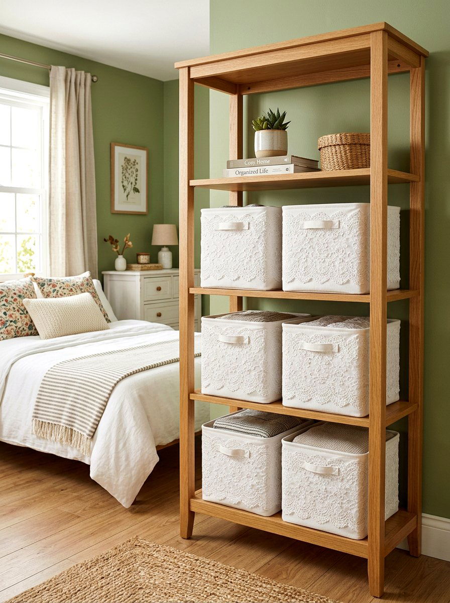 Lace Fabric Storage Bins - 30 lace bedroom decor ideas