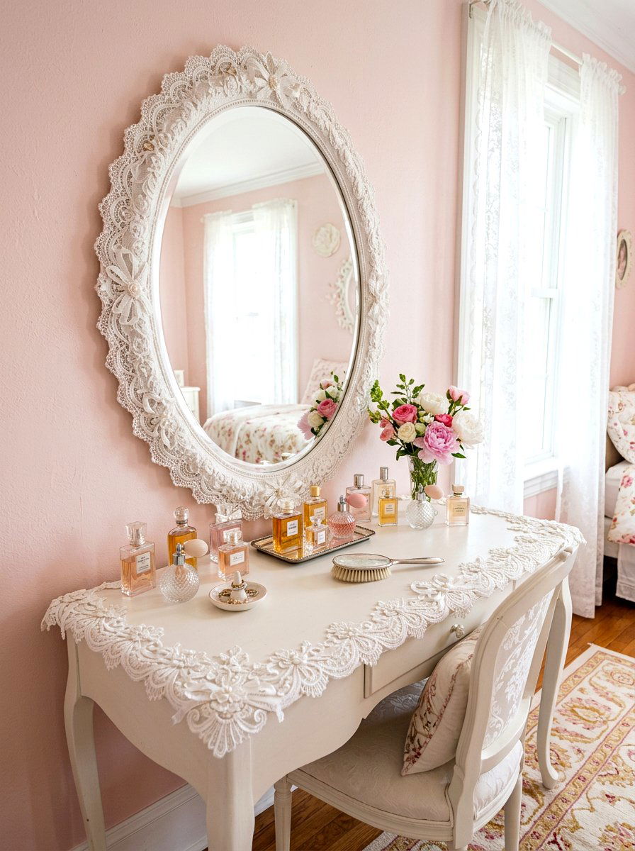 Lace Ribbon Mirror Frame - 30 lace bedroom decor ideas