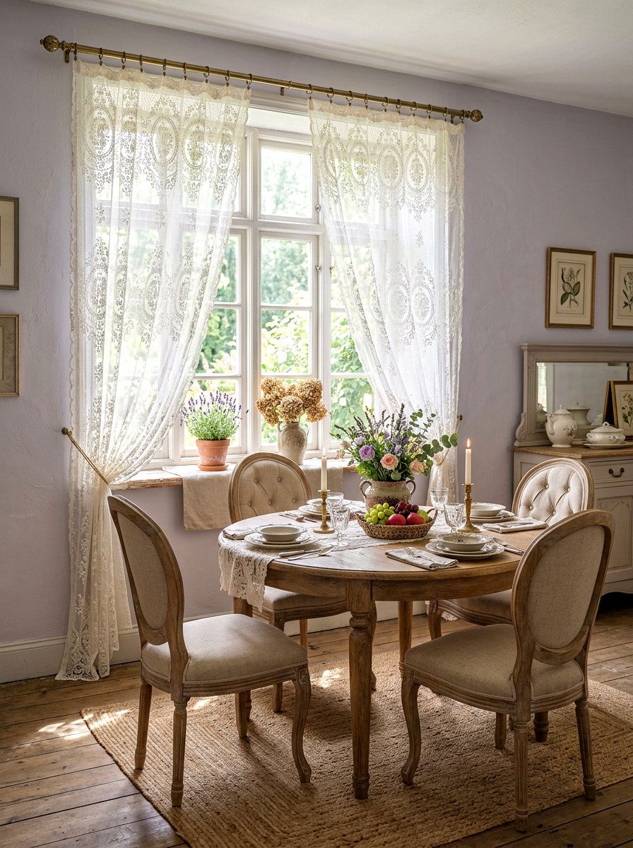 Lace Sheer Window Curtains - 30 French country dining room decor ideas