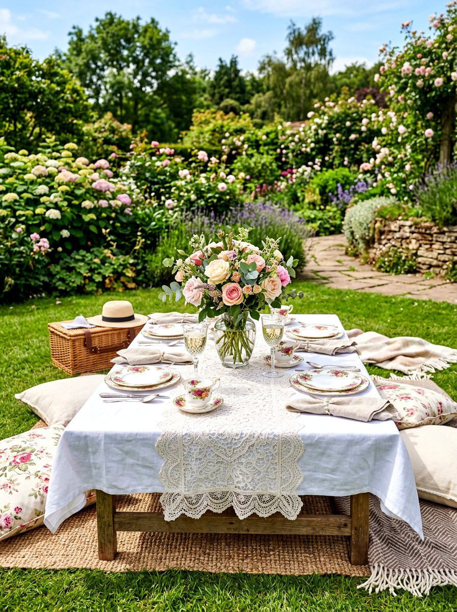 Lace Tablecloth Setting - 30 backyard picnic decor ideas