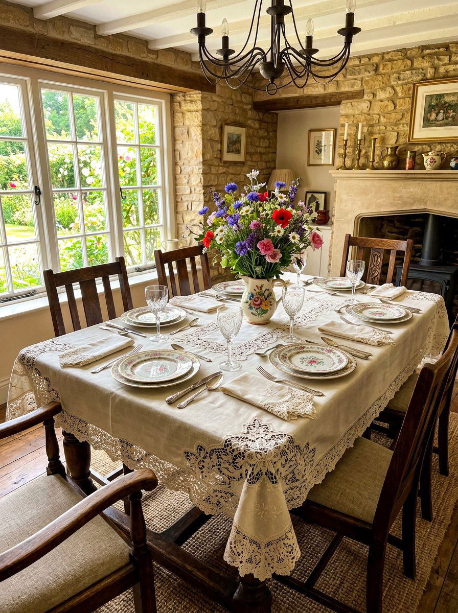Lace Trim Table Linens - 30 vintage cottage kitchen ideas