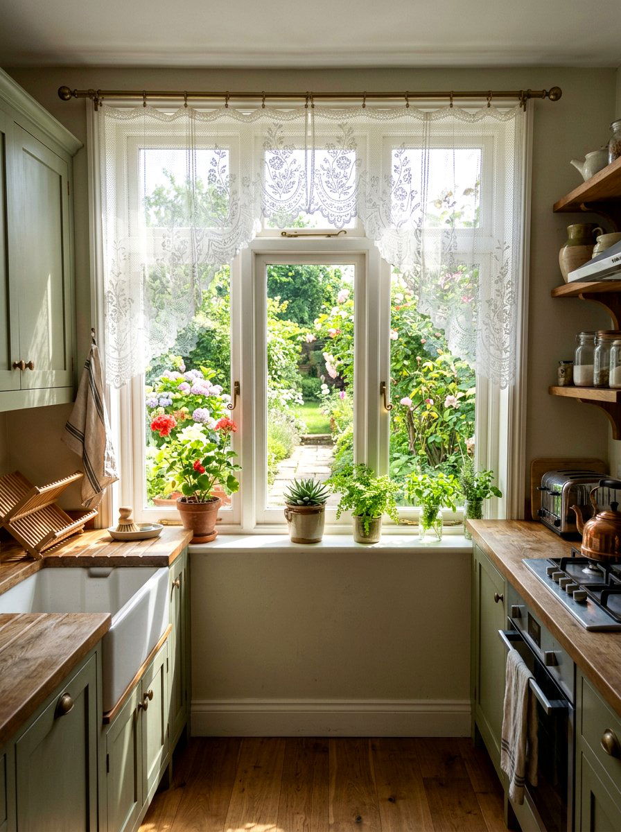 Lace Trimmed Window Treatment - 30 cabbagecore kitchen ideas