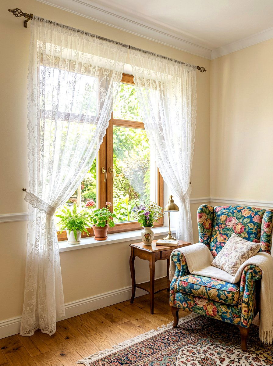 Lace Window Curtains - 30 antique bedroom decor ideas