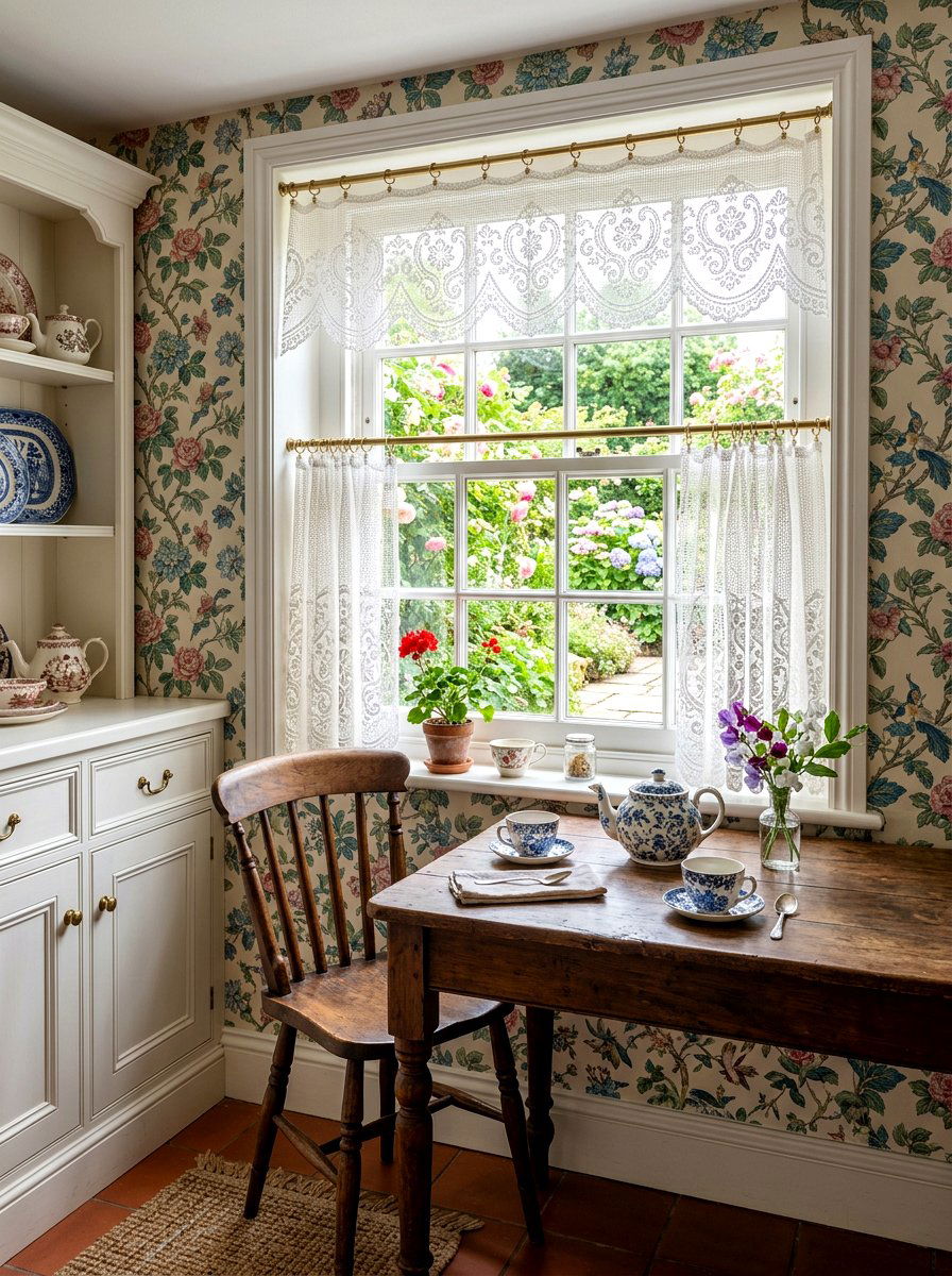 Lace cafe curtains - 30 grandma core kitchen ideas