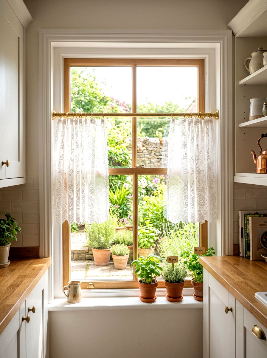 Lace cafe curtains - 30 coquette kitchen ideas