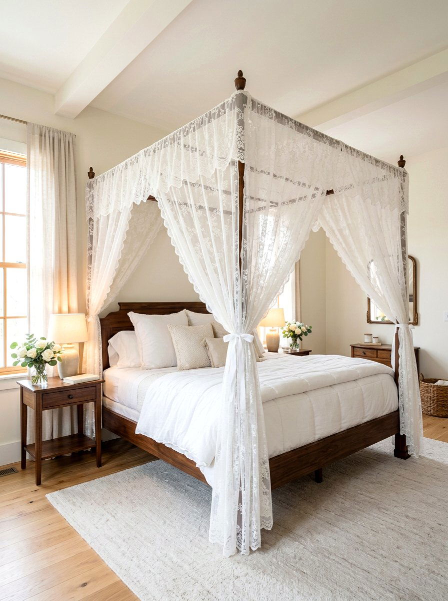 Lace canopy bed frame - 30 cottage lace bedroom ideas
