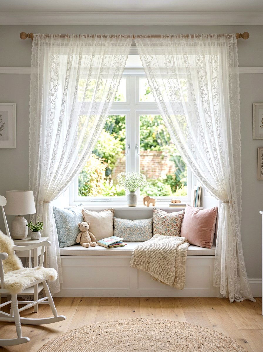 Lace curtain nursery window - 30 romantic baby room ideas