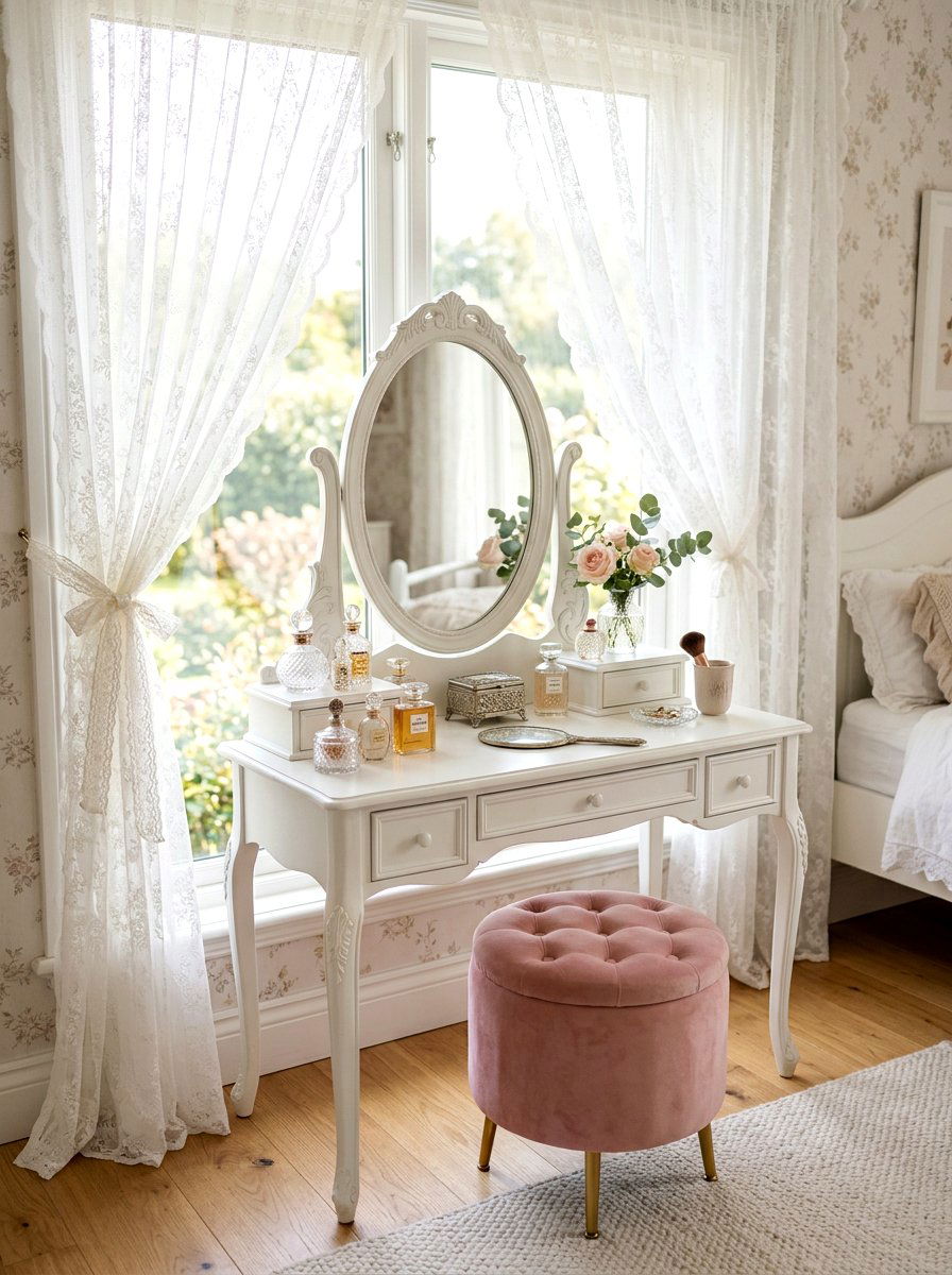 Lace curtain vanity - 30 coquette vanity ideas