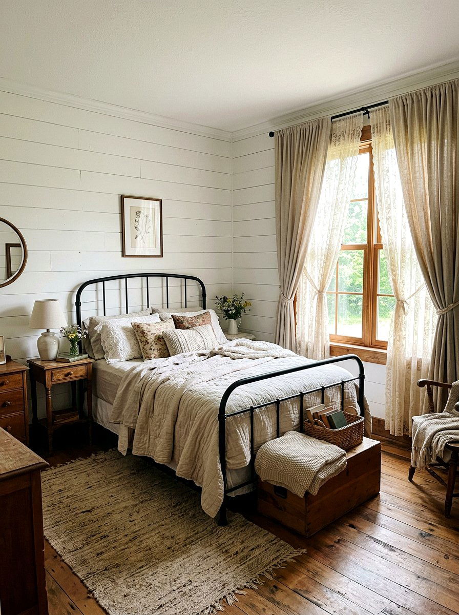 Lace curtains under thick cotton drapes - 30 bedroom curtain layering ideas