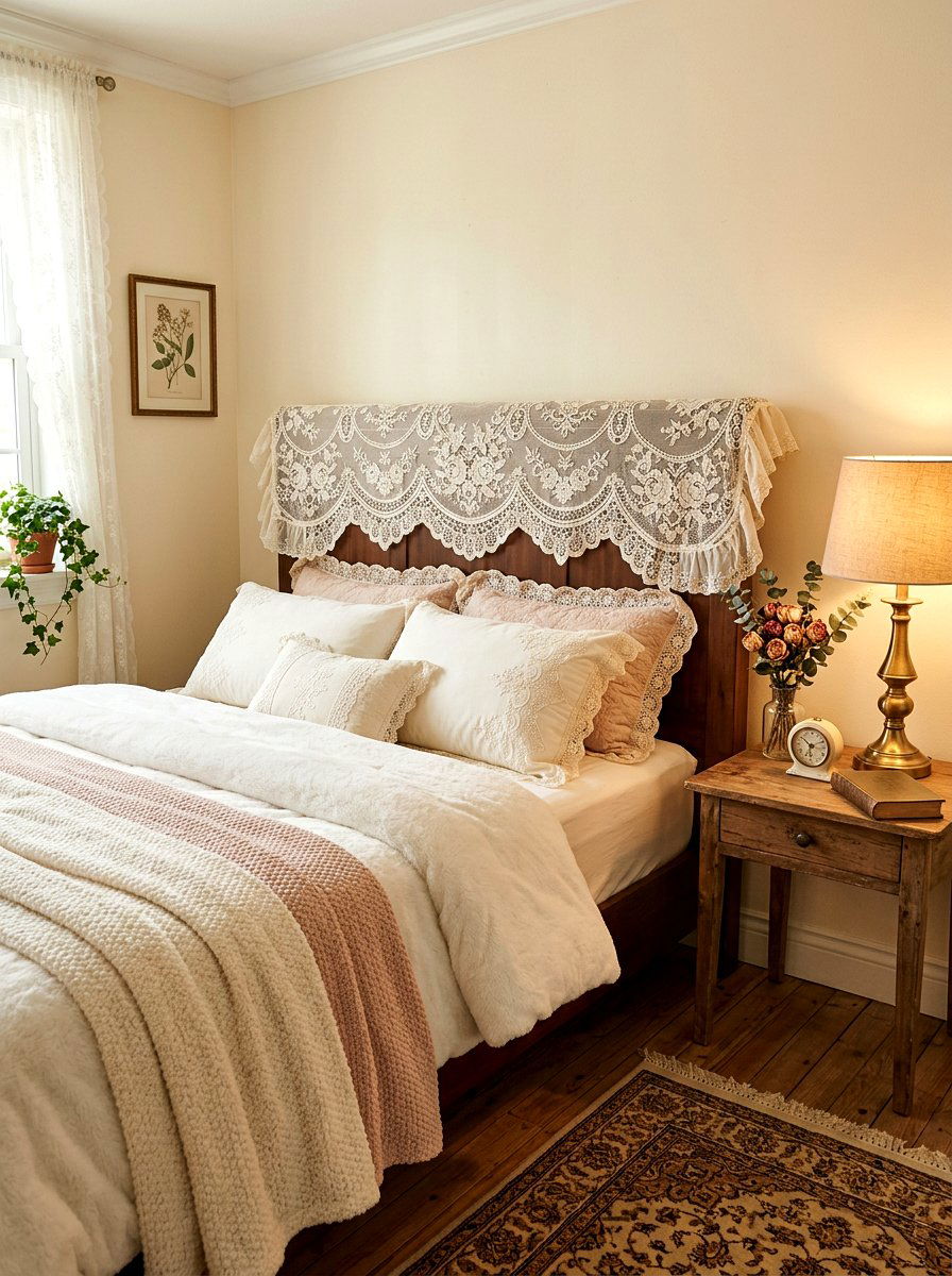 Lace headboard slipcover - 30 cottage lace bedroom ideas