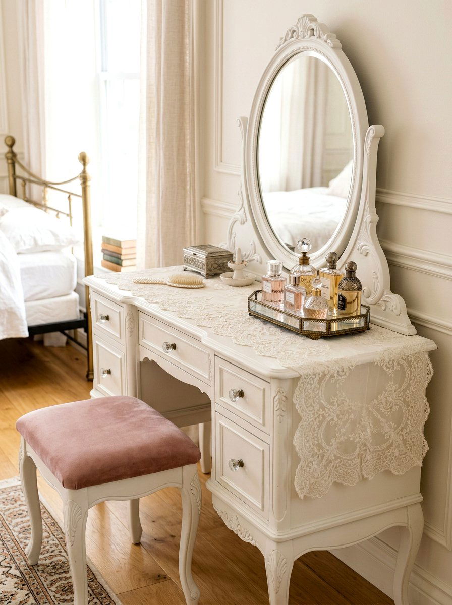 Lace table runner - 30 coquette vanity ideas