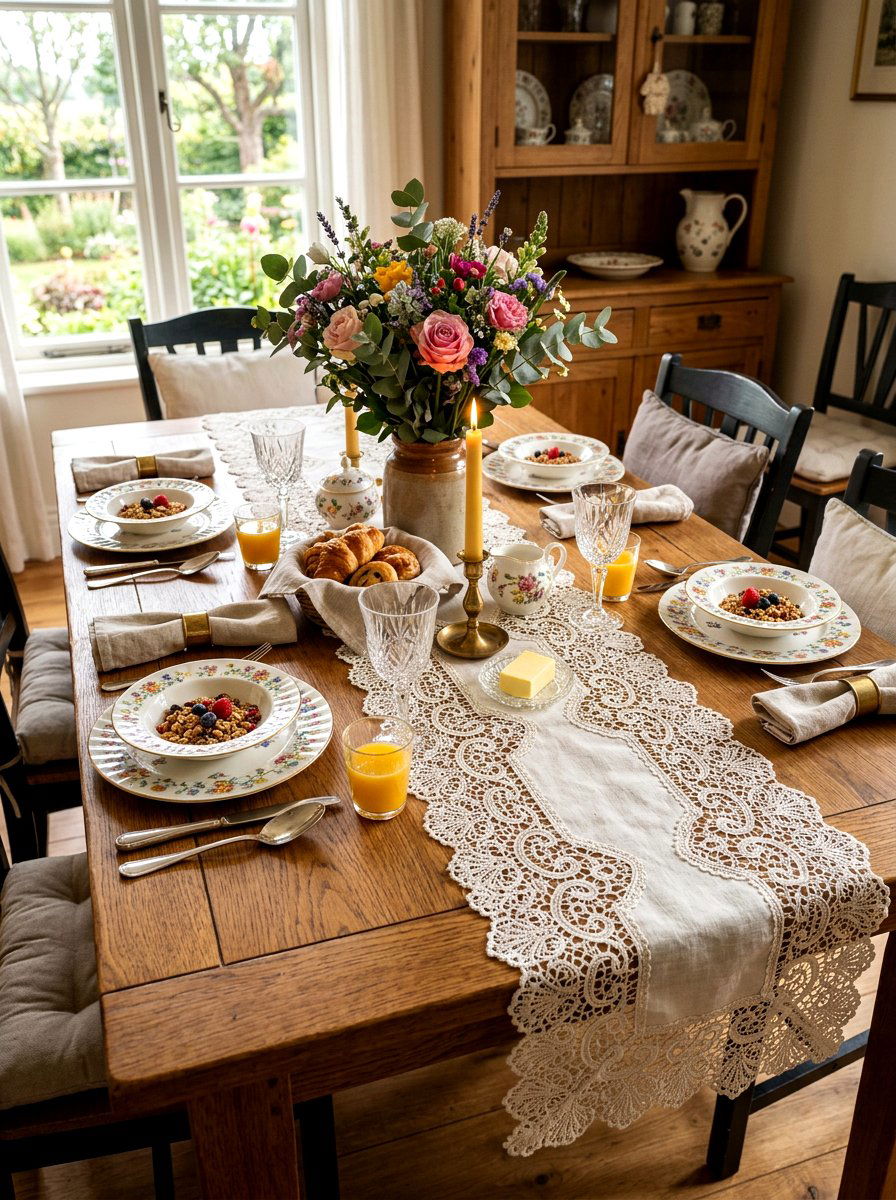 Lace table runners - 30 coquette kitchen ideas