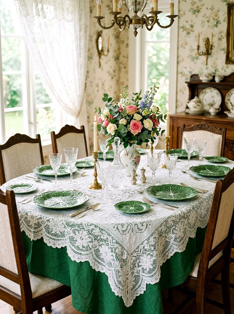 Lace tablecloth overlay - 30 cabbagecore tablescape ideas