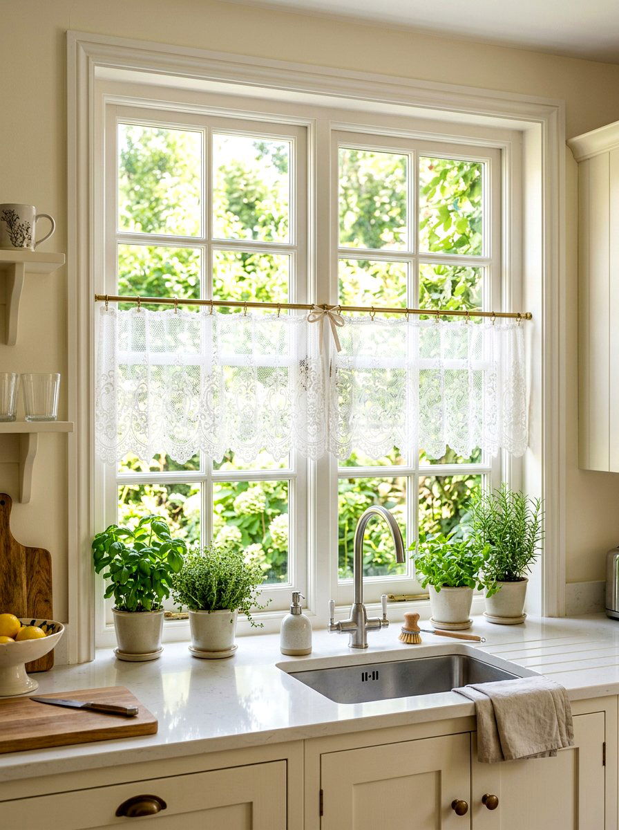 Lace window curtains - 30 cottagecore kitchen ideas